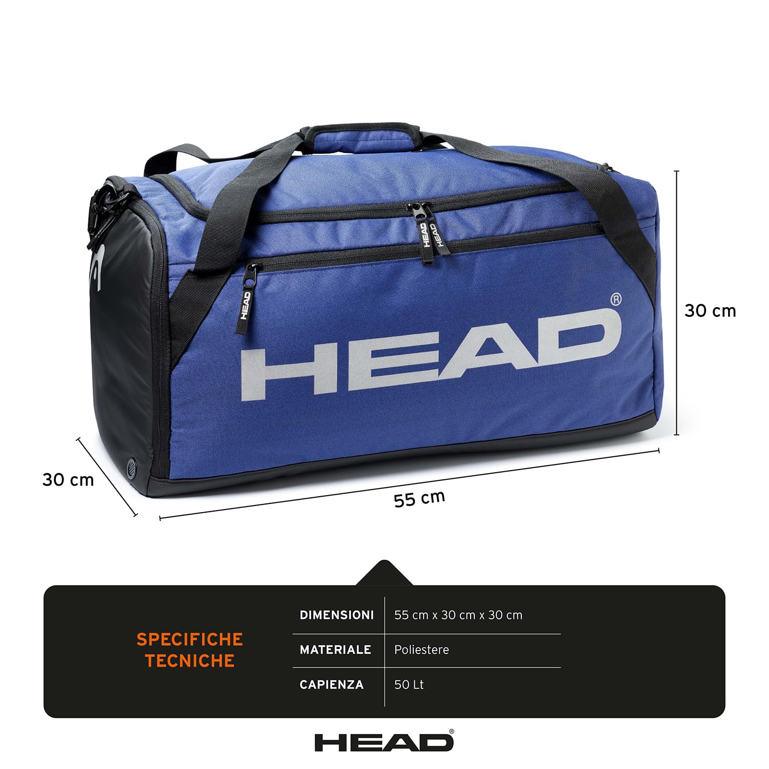 HEAD - Borsone Palestra Uomo Donna 55x30x30 Ampio 50L, Borsone da Viaggio e Sport Impermeabile, Borsa Palestra, Calcio e Piscina con Porta Scarpe Laterale, Tracolla Removibile e Zip Morbido Resistente