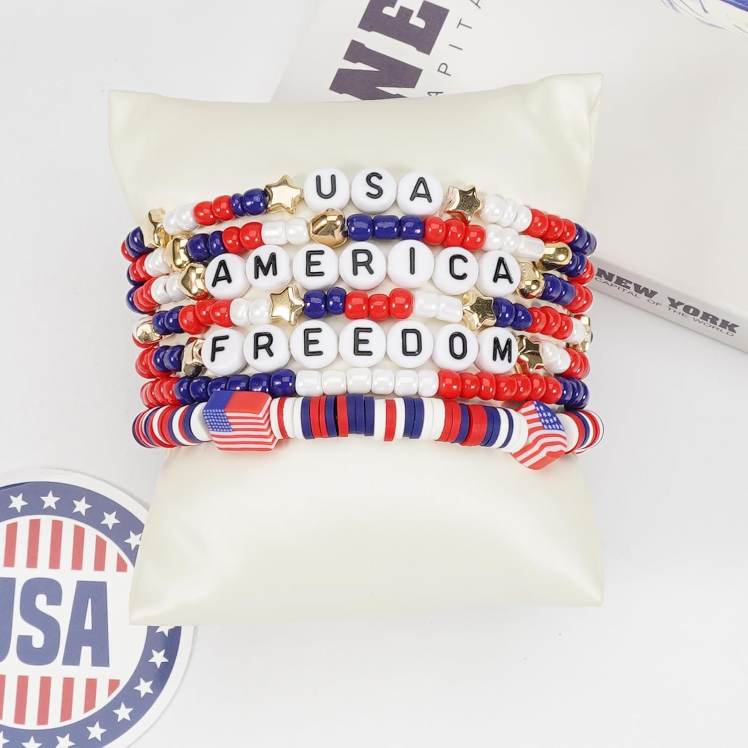 Twinfree 4th of July Accessories USA Patriotic Bracelets for Independence Day Red White and Blue American Flag Stretch Bracelets