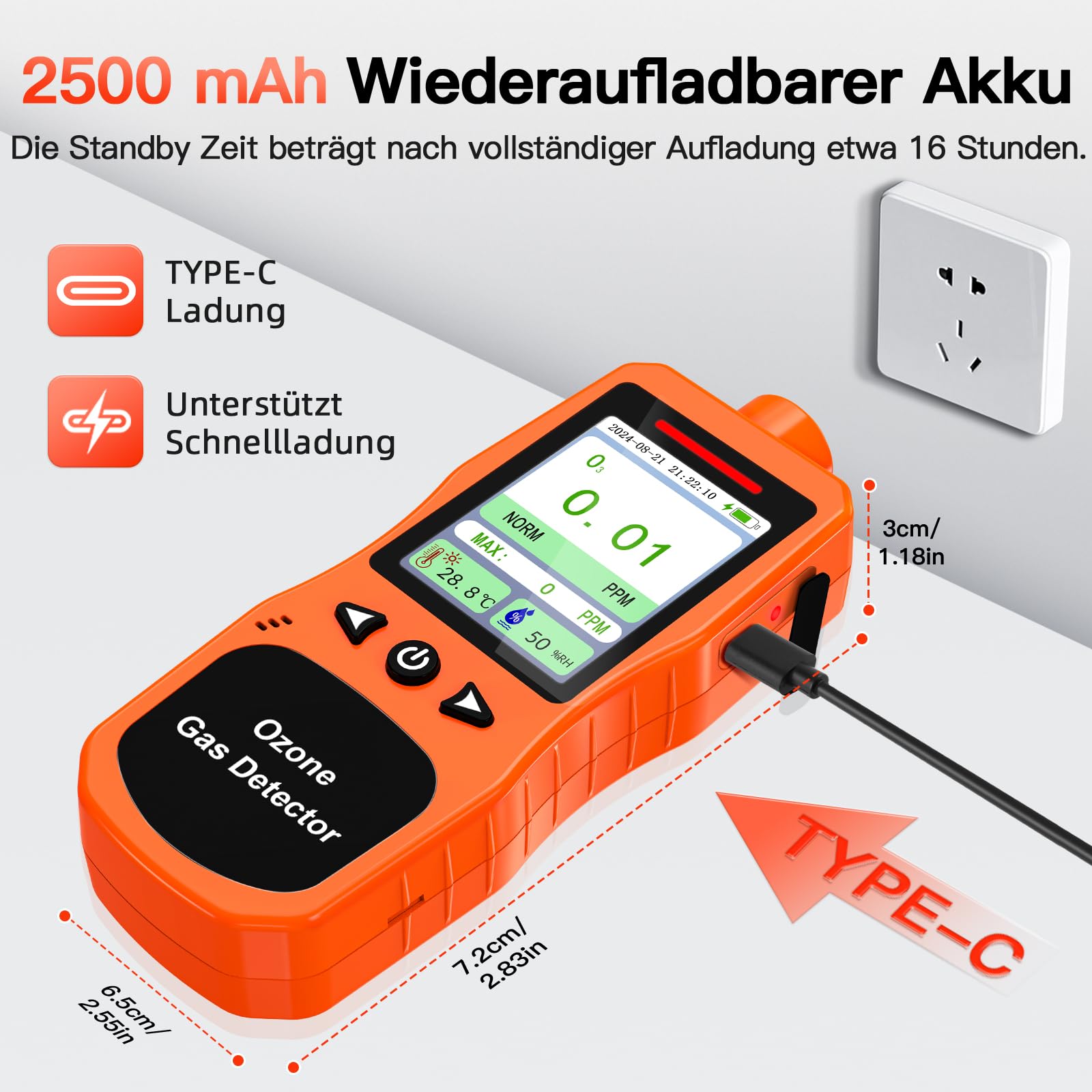 Tragbarer Ammoniak Gasmelder, 0-200 PPM Wiederaufladbarer Ammoniak Detektor, Digitales NH3 Luftqualitätsmessgerät mit Temperatur Feuchtigkeitstester für Stall, Geflügel, Schweine, Vieh, Orange