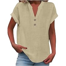 Yinguo Ladies Tops 2025 Women's Summer Cotton Linen Cap Sleeve T-Shirt Button V Neck Tunic Tops Fashion Baggy Solid Plain Casual Shirts Trendy Blouse
