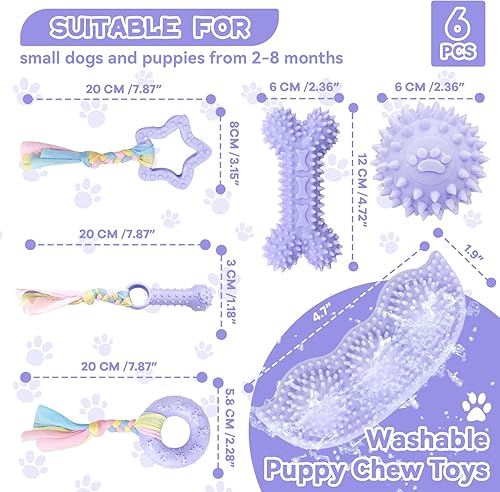 Miniatura 7 de Petcare Paquete de 6 juguetes de dentición para cachorros, lindos juguetes morados morados para cachorros de 0 a 6 meses, cuerda de goma suave,