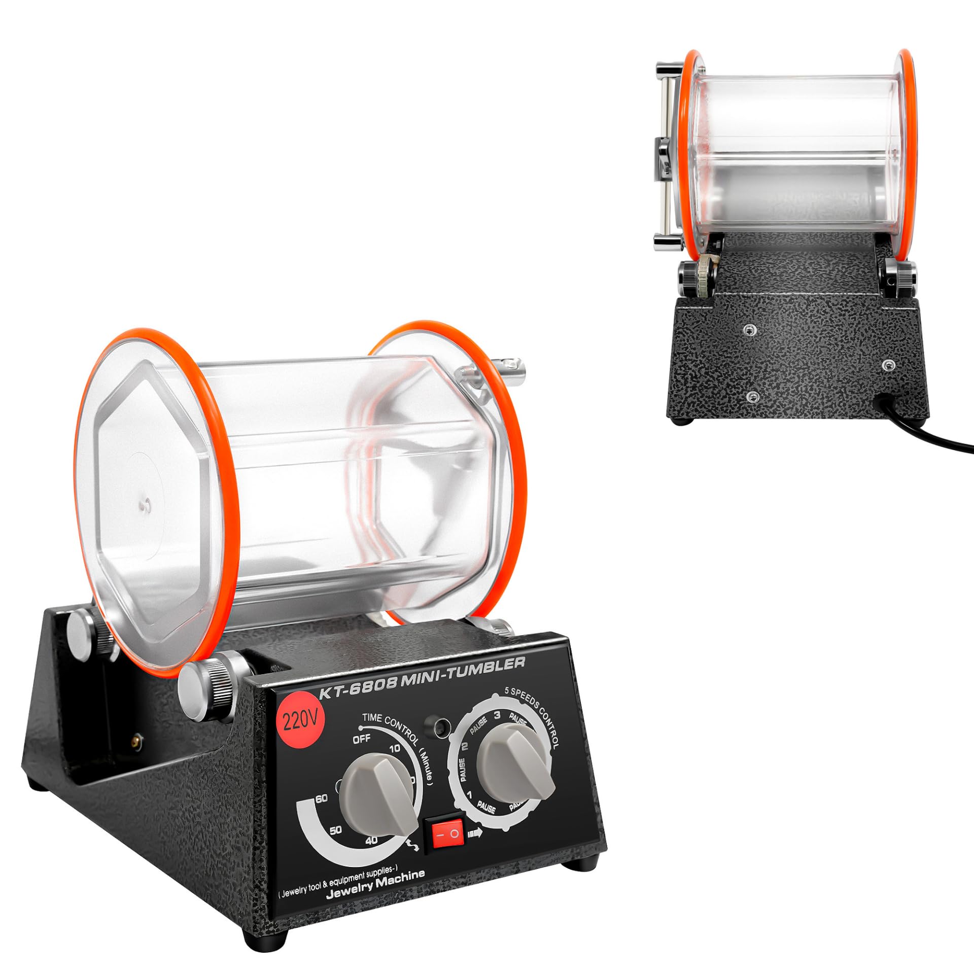 Pulidora de 3 kg 220 V, tambor de pulido, molinillo de bolas con motor de 60 W y temporizador, 5 niveles de regulación de velocidad (500 – 3000 rpm), barril transparente para joyas, monedas, piezas