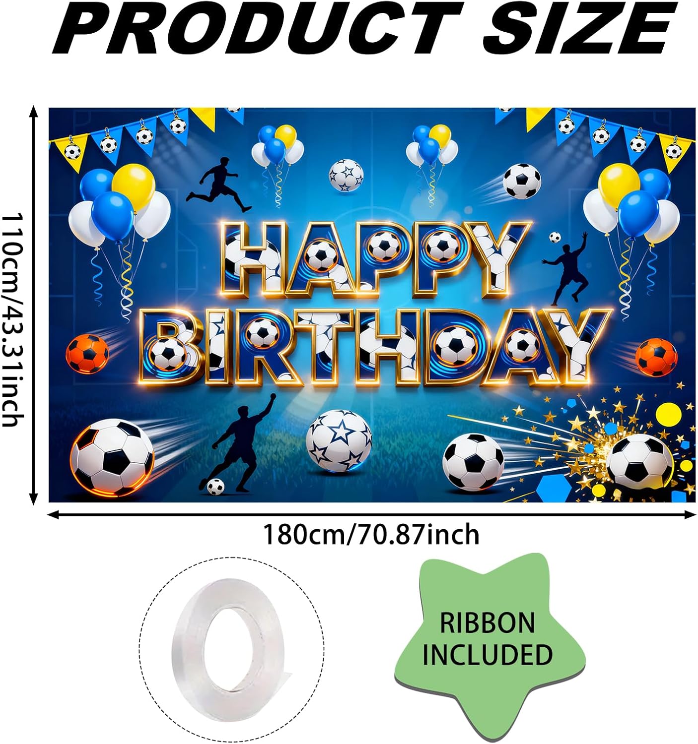 Blue Soccer Themed Happy Birthday Banner, Large Party Decor for Sports Fan Yard Wall Photo Booth - Image 3