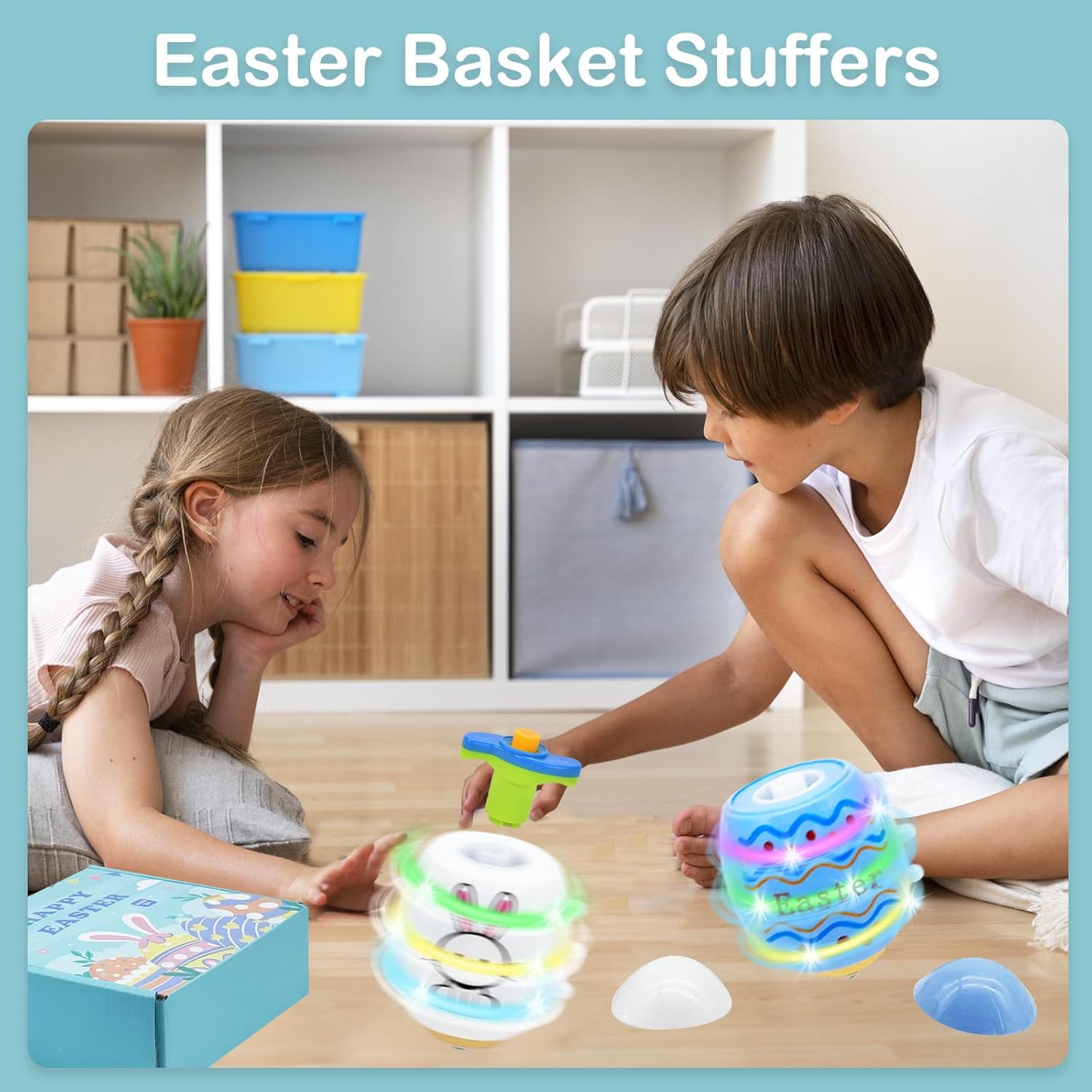 Easter Basket Stuffers for Kids - 4 Pack Light Up Spinning Tops, Egg Fillers Essentials for Boys Girls Toddler Children, Glow in The Dark Hunt Prizes Goodie Bag Toys Party Favors Gift Ideas