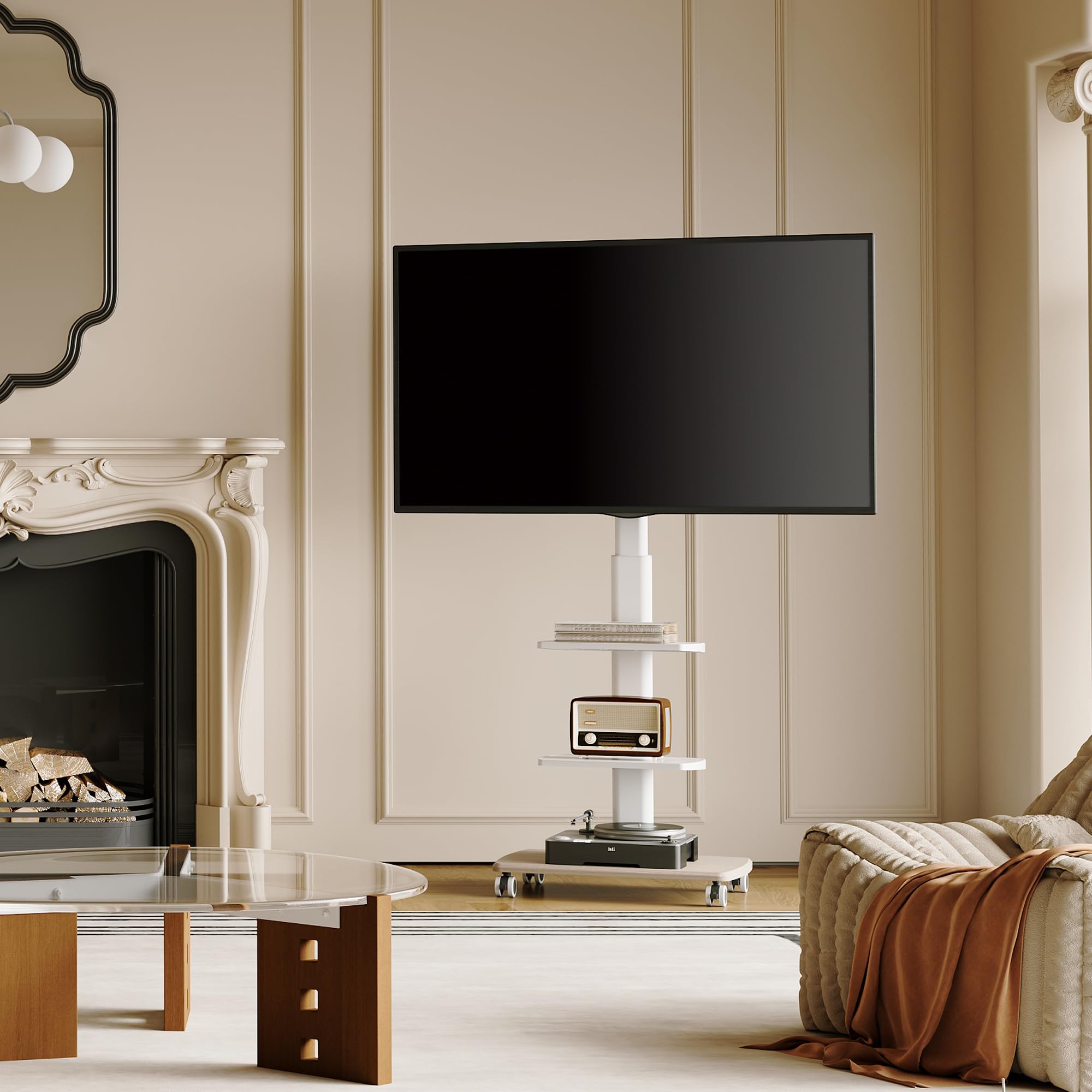 FITUEYES Soporte TV de Pie con Ruedas Blanco para Pantallas de 32 a 70 Pulgadas,Giro de 60°,MAX VESA 600 * 400mm,Ajuste de Altura,Gestión de Cables, Soporte TV Ruedas con 2 Estantes y Base Madera