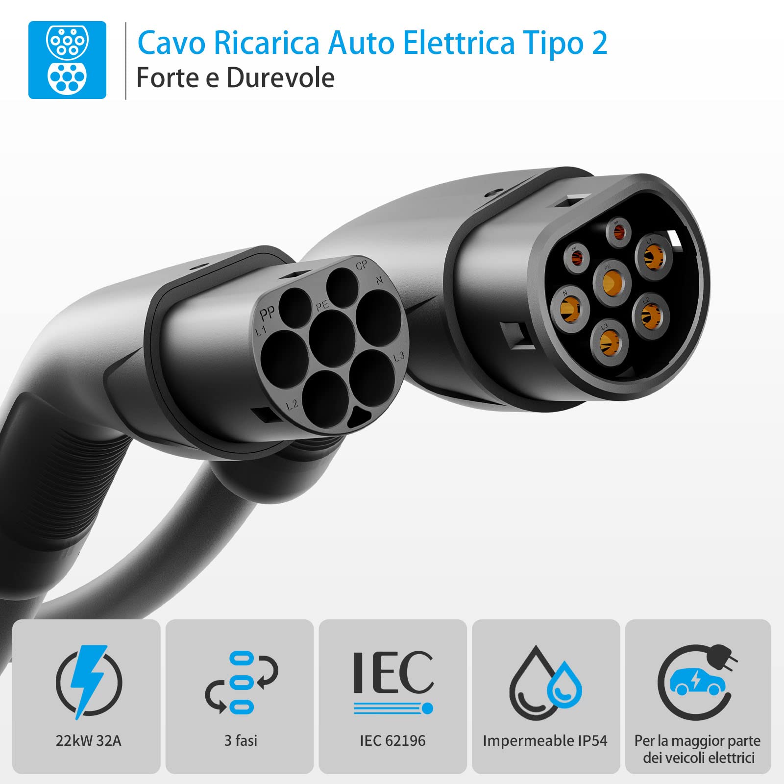 Rosaking Cavo Ricarica Auto Elettrica Tipo 2 22kW, 5M EV Con 3 Fasi＆IEC 62196, 32A Charger per la Maggior Parte dei Veicoli E Hybrid ed Elettrici
