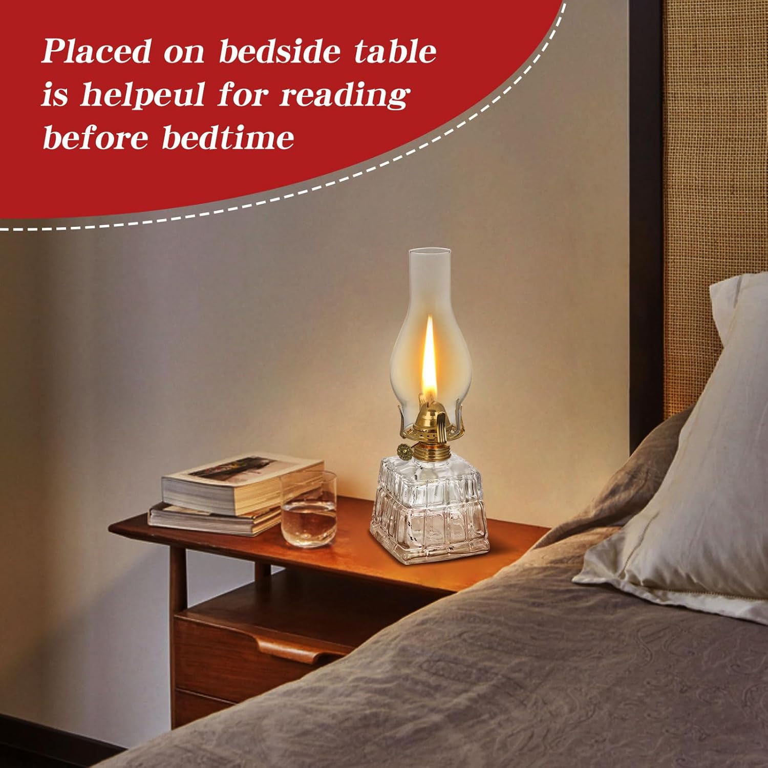 Chamber Oil Lamp, Square Glass Clear Kerosene Lamp Lantern Indoor Decorative Vintage Hurricane Lamp Oil Lantern with Adjustable Fire Wick for Home Indoor Use 11 Inch