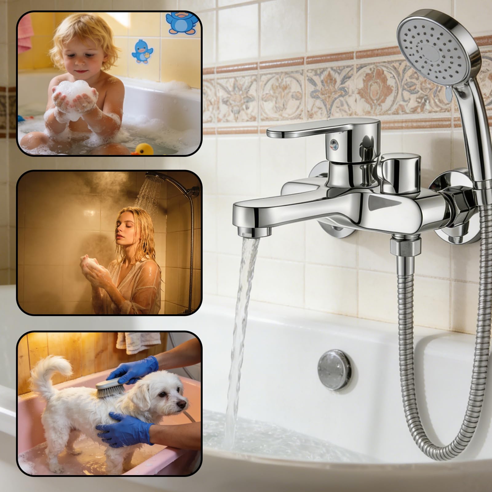 Badewannenarmatur, Wannenarmatur Mischbatterie, Wasserhahn Badewanne, Duscharmatur, Mischbatterie, 2 Auslässen, Verdickt, Brausethermostat, Chrom Aufputz Wasserhahn Für Dusche Und Wanne, Silber