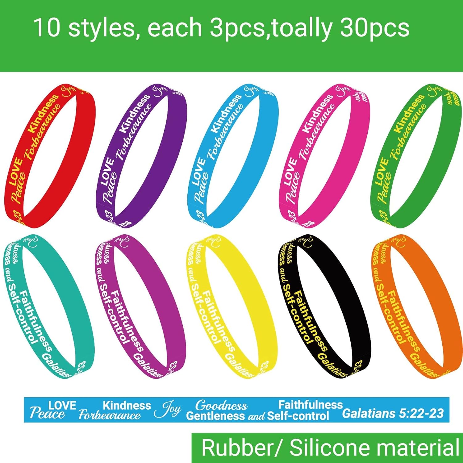 110Pcs/30 Sets Fruit of Spirit Bracelets Sets with Bible Cards Gospel Tracts Christian Scripture Labels Office Employee Gifts Inspirational WristBands (Fruit of Spirit)