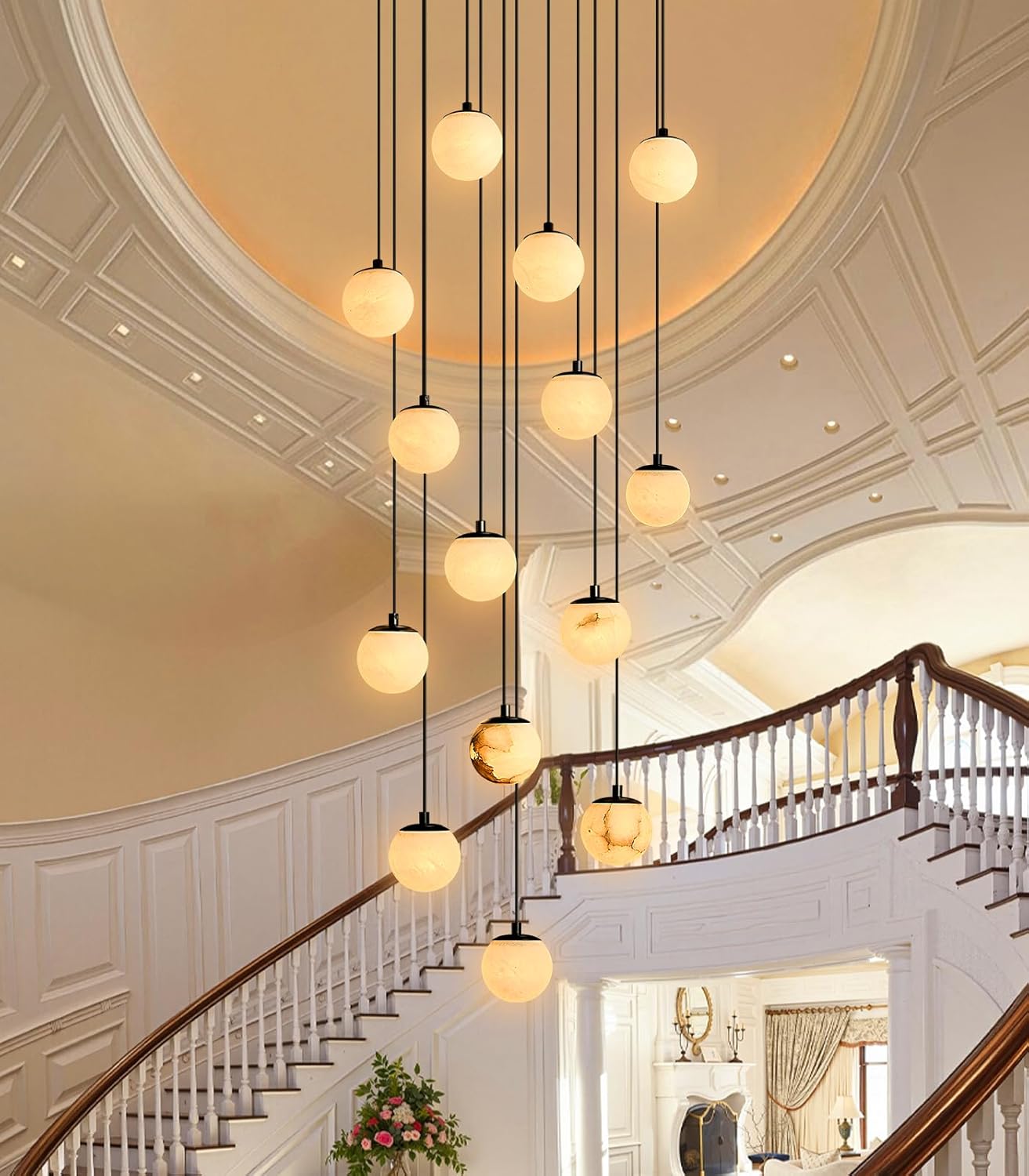 Alabaster High Ceiling Chandelier for Staircase: Marble 14 Lights Large Long Chandeliers For High Ceilings Living Room - Modern Spiral Big Hanging Pendant Light Black Dimmable Entryway Foyer Fixture