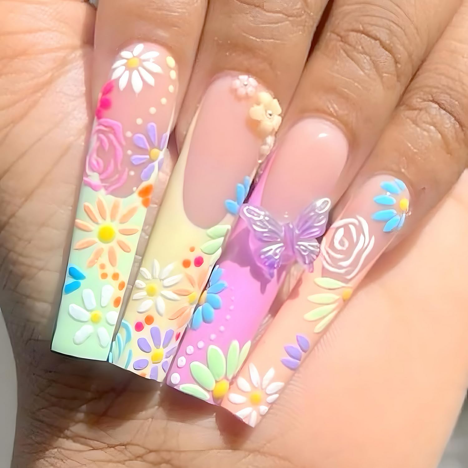 Flower Press on Nails Extra Long Fake Nails with Flower designs 3d Butterfly Colorful False Nails Matte Full Cover French Tip Acrylic Square Stick on Nails Summer Glue on Nails for Women Girls 24pcs