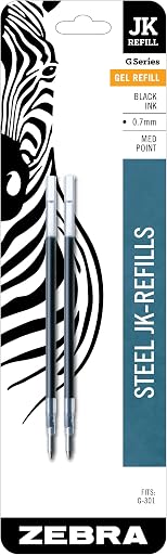 Zebra Pen Steel, JK-Refill Gel Ink Refills, 0.7mm Medium Point, Black Ink, Fits G-301, G-450, and G-750 Gel Pens, Smooth and Consistent Writing Performance, 2-Pack (88112)