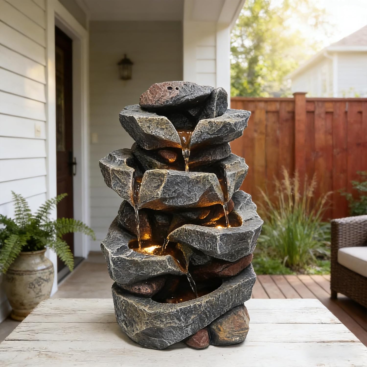 4-Tier Natural Rock Tabletop Waterfall Fountain - Indoor Outdoor Resin Water Fountain with LED Lights, 11.42" L x 8.27" W x 18.31" H for Garden, Patio, Home, Office, Porch Landscaping
