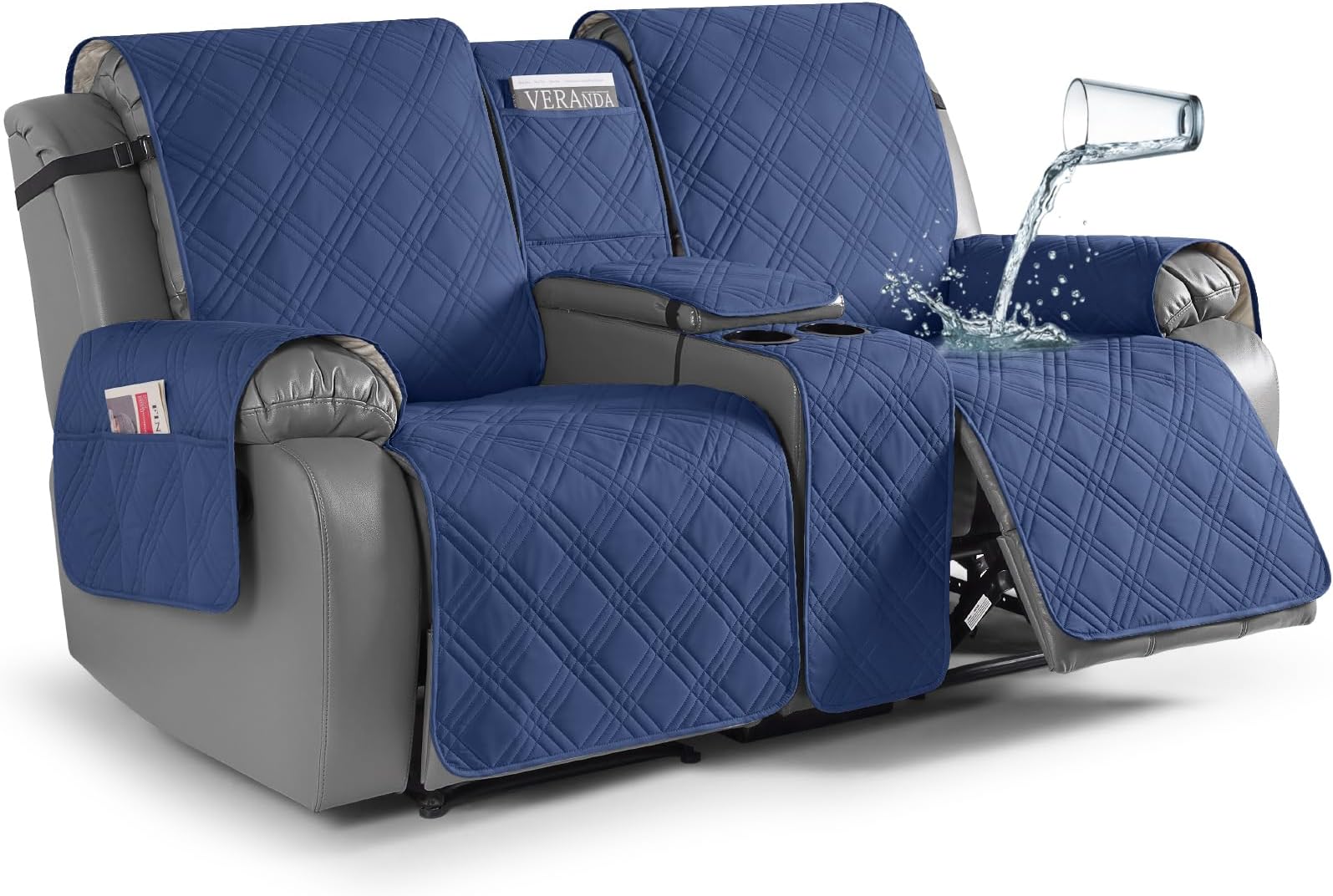 TAOCOCO Loveseat Recliner Cover with Center Console, 100% Waterproof Pet Cover for Dual Recliner with Straps Design, Split Reclining Loveseat Covers Furniture Pet&Kids Protector (2 Seater, Ocean Blue)