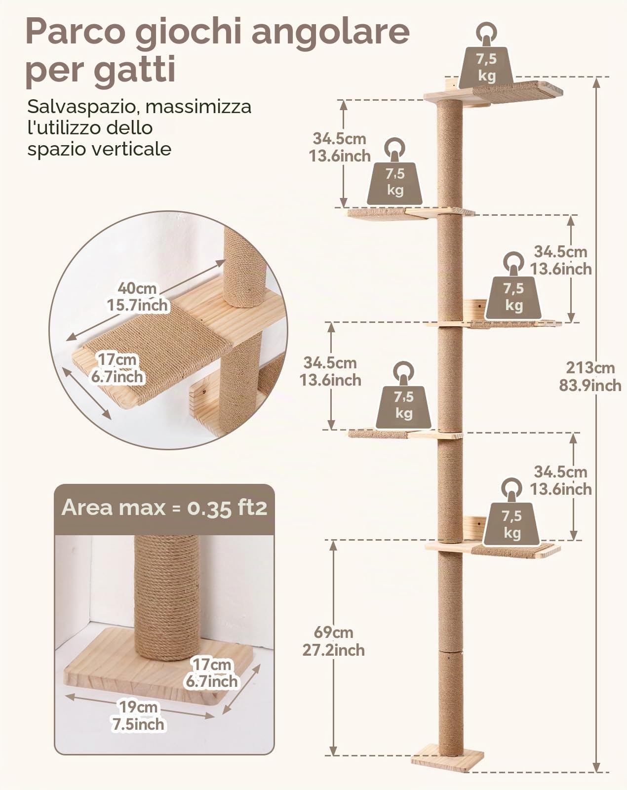 PawGiant Tiragraffi da parete a 5 ripiani altezza 213 cm con tiragraffi in sisal e piattaforme, parete da arrampicata in legno per gatti di piccole e medie dimensioni