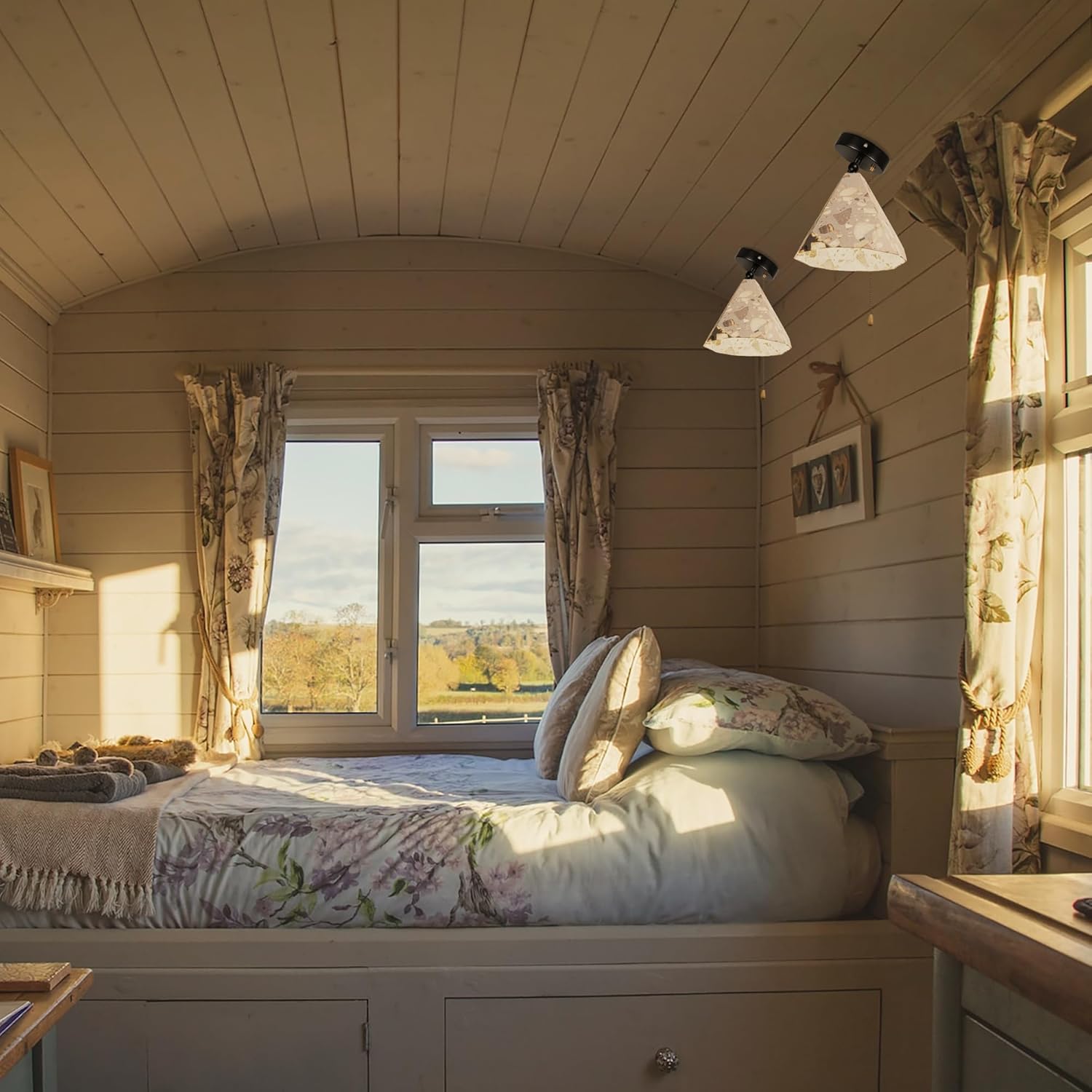 Adjustable Light, Zipper Switch 12V Retro RV Natural White Stones Taper Shade Decorative Ceiling Hallway Light, E26 E27 Socket Semi Flush Mount Interior Lighting for RV Camper