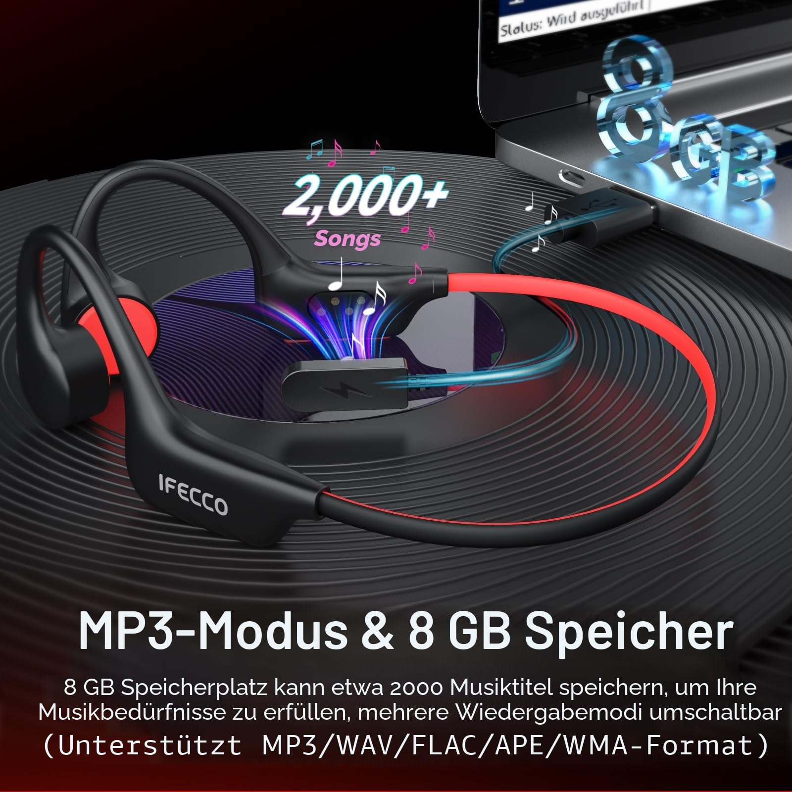 IFECCO Knochenschall Kopfhörer Schwimmen Bluetooth 6.0 - IP68 wasserdichte Open Ear KopfhöRer mit MP3-Player 8GB Speicher,Unterwasser Sport Kopfhörer für Schwimmen Laufen Fahrrad Surfen