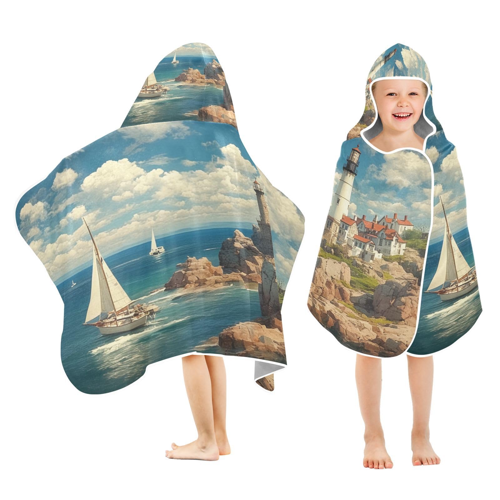 Nesatuwa Hooded Towel for Kids,Lighthouse Kids Beach Bath Towels Soft Absorbent Quick Dry Poncho Towel for Girls Boys