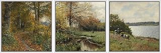SIGNFORD Framed Canvas Print Wall Art Woodland Trail and Lakeside -Seasonal Landscape Nature Wilderness Illustrations Modern Art Decorative for Living Room, Bedroom, Office - 16"x16"x3 White