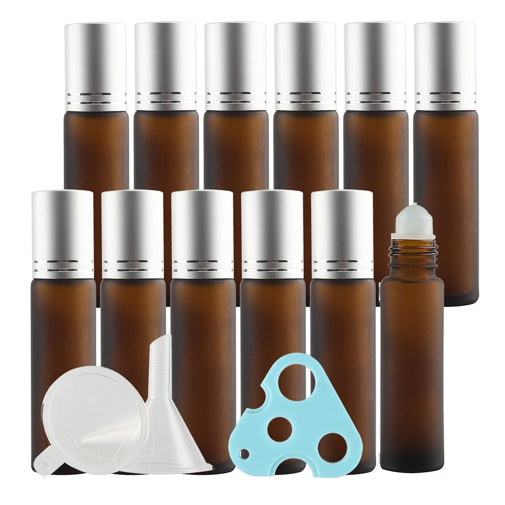 24 Stück Leere 10ml Matt braun Glas Roller Flaschen mit Silber Alu Schraubverschluss, Roll-On Glasflaschen mit Glasroller für Ätherische Öle Essential Oil mit Trichter Öffner