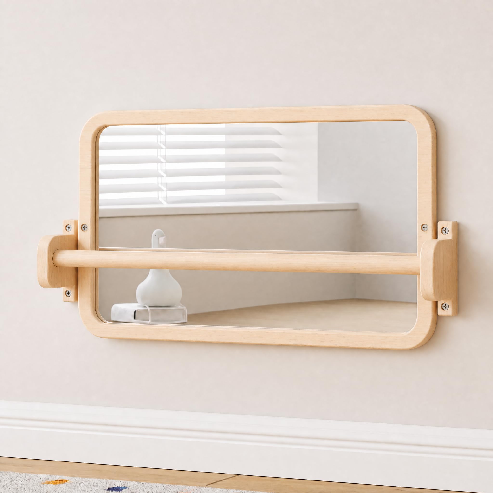 Woodtoe Montessori Mirror with Bar, Tummy Time Floor Mirror Toys for Baby