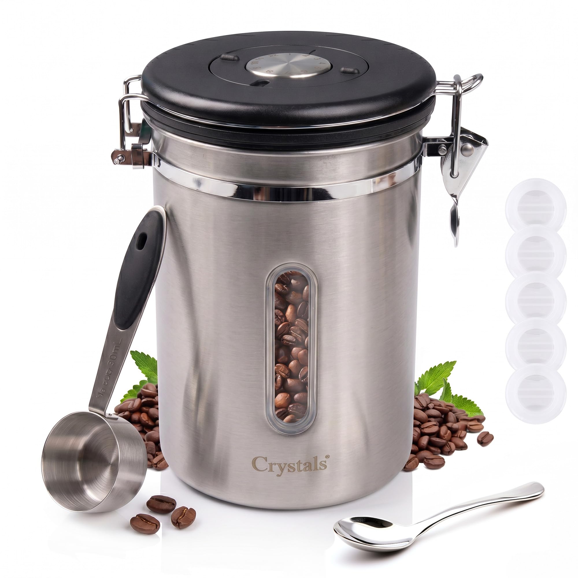Crystals Stainless Steel Coffee Canister 1800ml – Airtight Vacuum Coffee Bean Storage Jar, Date Tracker, Scoop & Viewing Window, Food Container for Coffee, Tea, Sugar, Flour & Dry Goods_Silver