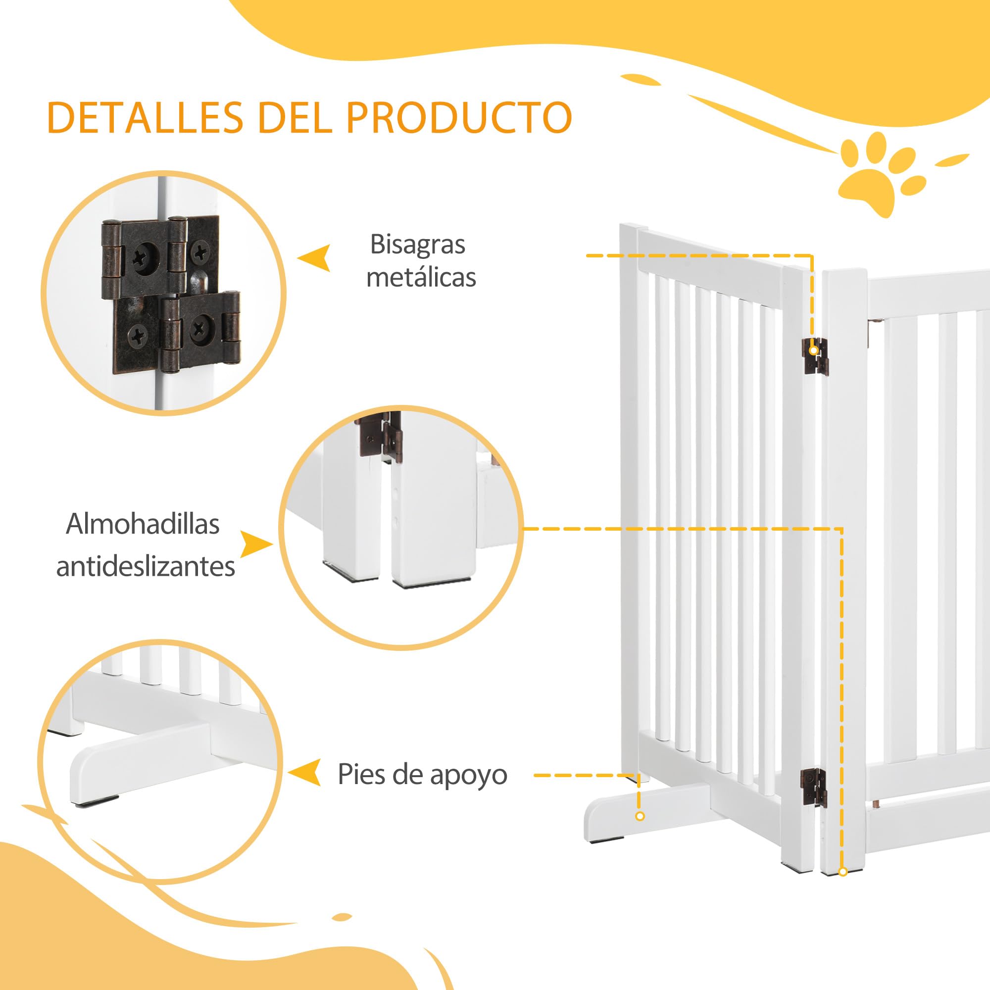 PawHut Barrera para Perros de Madera Valla para Mascotas 155x76 cm Blanco | Plegable, de 3 Paneles, con 1 Puerta, Patas de Apoyo, para Pasillo Escalera
