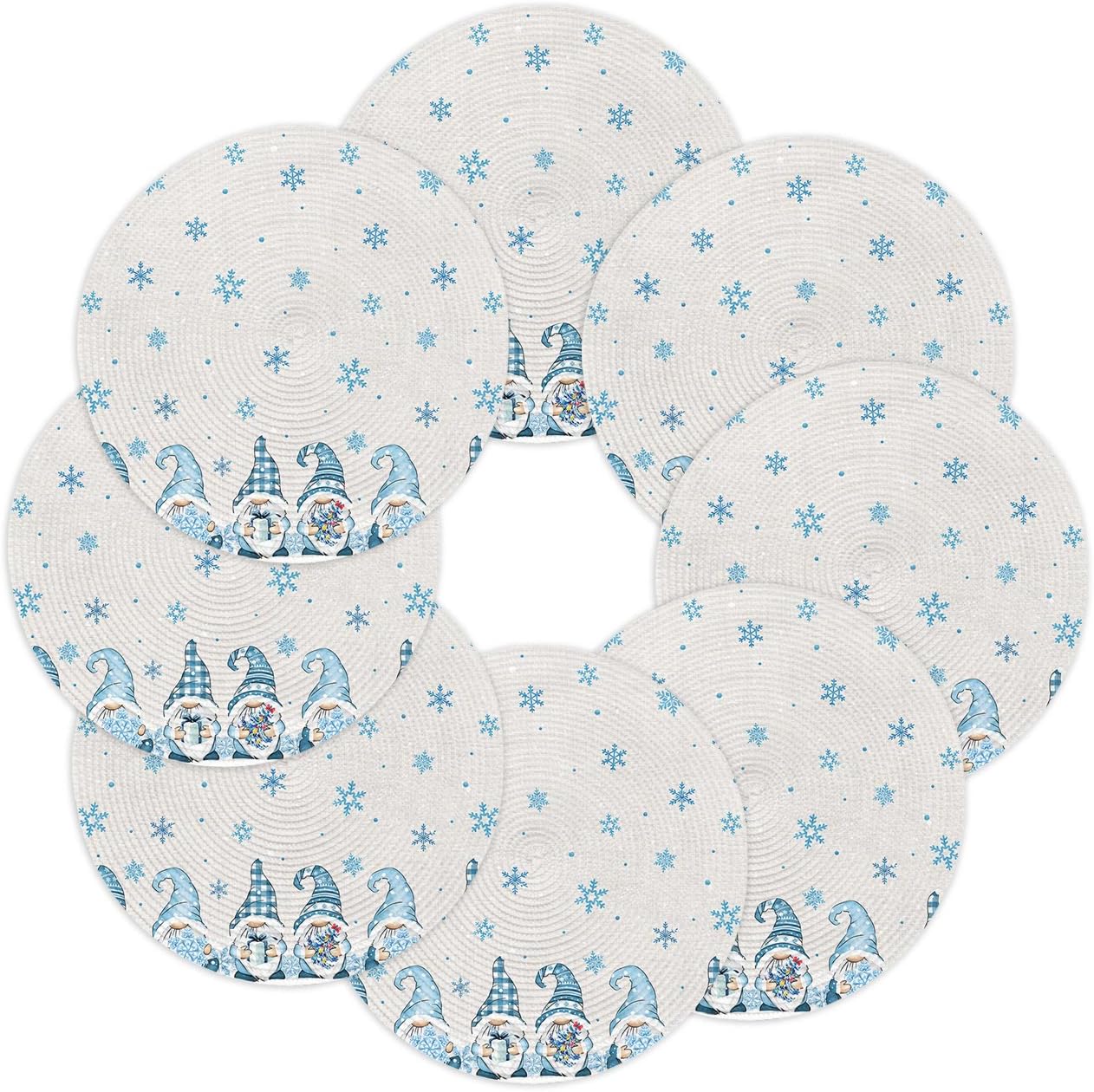 Christmas Round Placemats Set of 8 Gnome Snow Place Mats Blue Snowflake Circle Braided Placemat Heat Resistant Table Mat for Xmas Holiday Decorations, 15 Inch