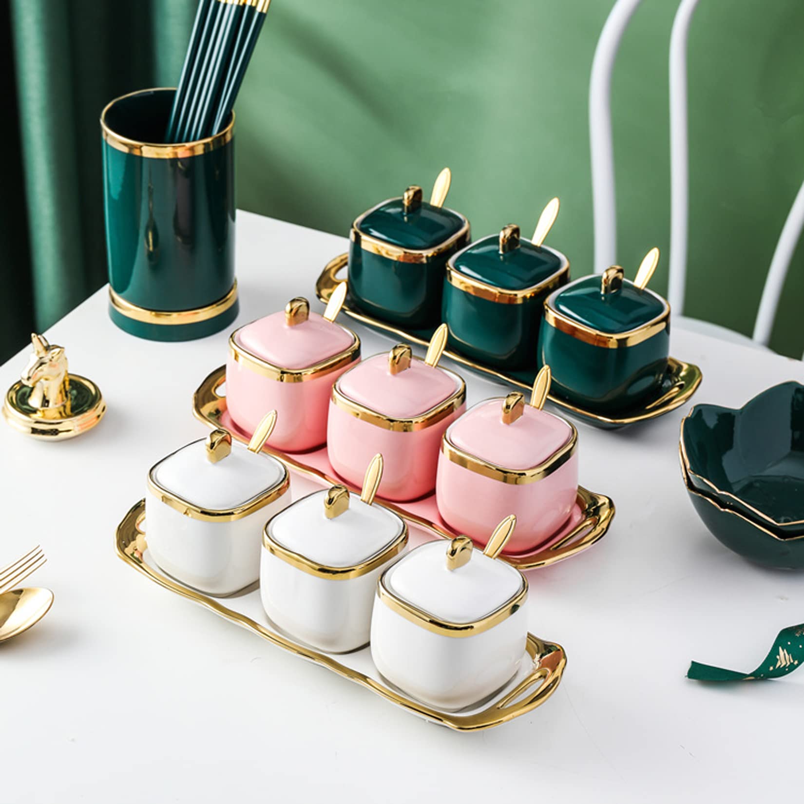 Pots à épices en céramique avec Bordure dorée, Pots à Condiments à Sucre et sel de Cuisine avec couvercles, cuillères et Plateau,Vert