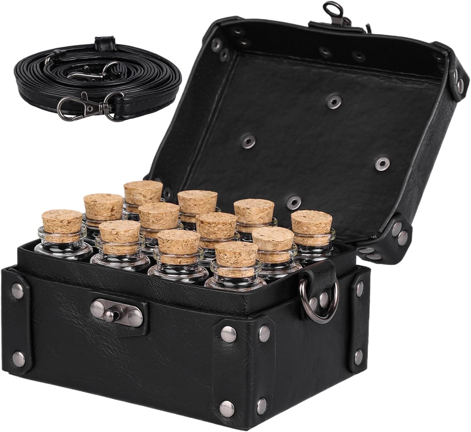 Steampunk Alchemy Box With 12 Potion Bottles, PU Leather Fantasy Cross Body Bag With Adjustable Strap, Wearable Medieval Box Jewelry Dice Holder