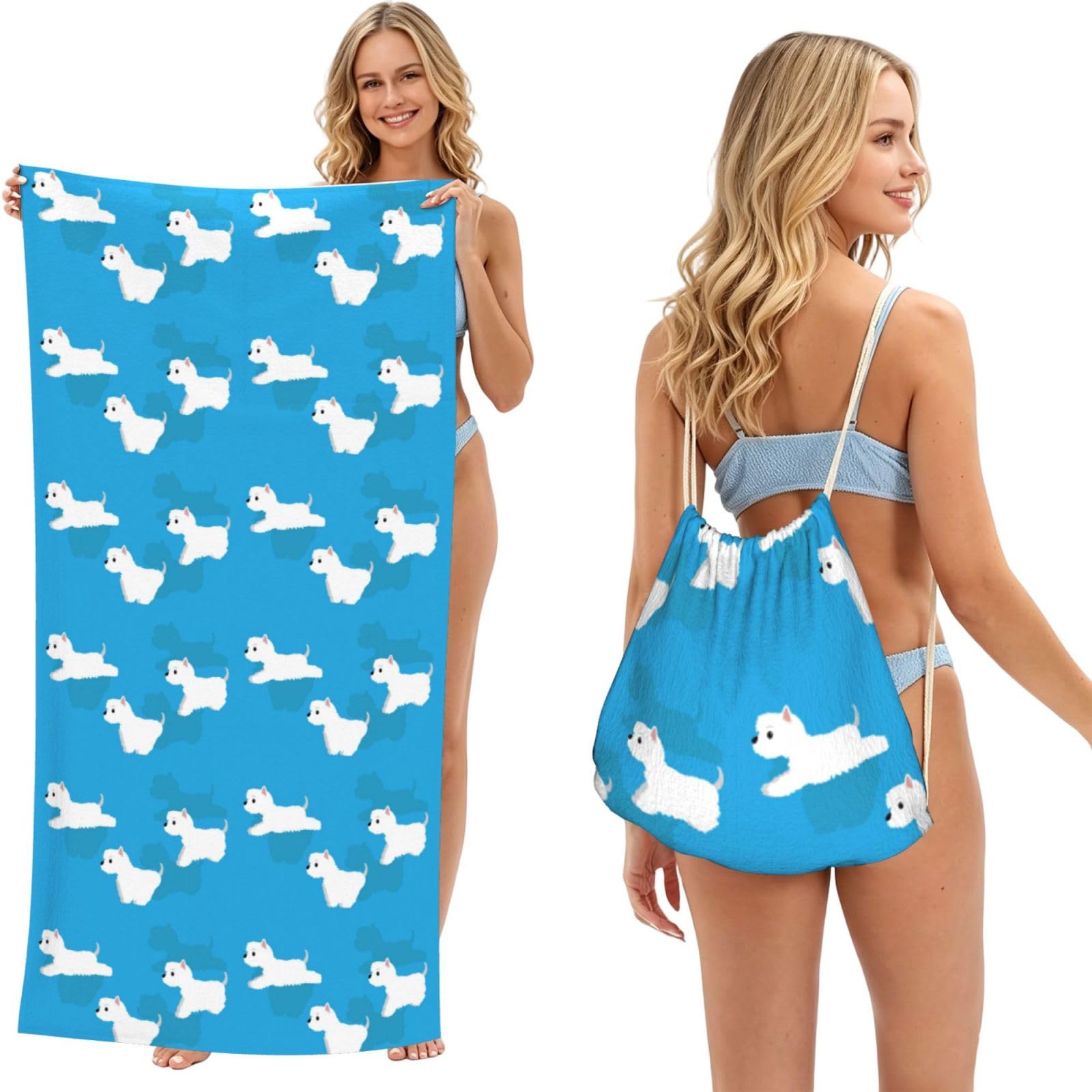 Poadnly As Picture Westie Dogs Running, 2 In 1 Packable Towel Bag, Beach Towels With Drawstring Backpack For Travel Holiday Camping