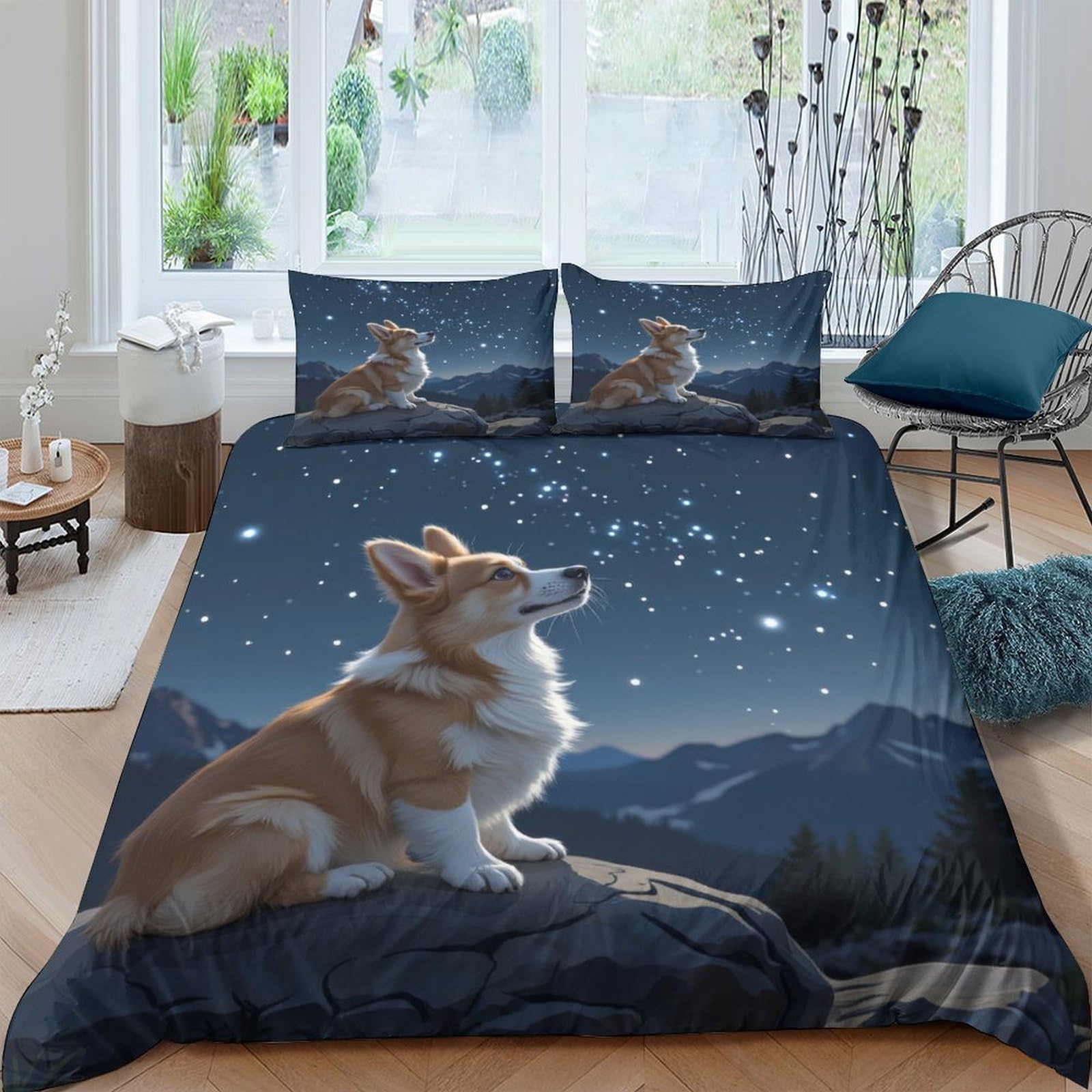 Ctjqhvkz Style-10 3D Printed Night Mountain Fitted Sheet Microfiber Corgi Dog Starry Sky Mattress Cover Bedroom Decor Machine Washable Single（135X200cm）