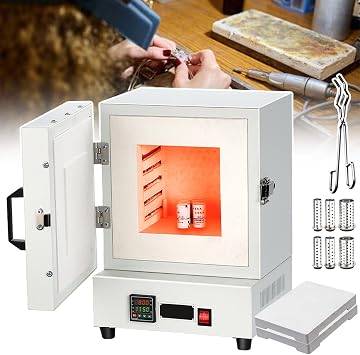 Jewelry Casting Bundle-2000w Electric Burnout Oven with 6 Casting Flasks & 2 Ceramic Shelves & Tongs, 1150C 4-Sided Heating Kiln, High-Temp Muffle Furnace Desktop Jewelry Wax Burnout Kiln