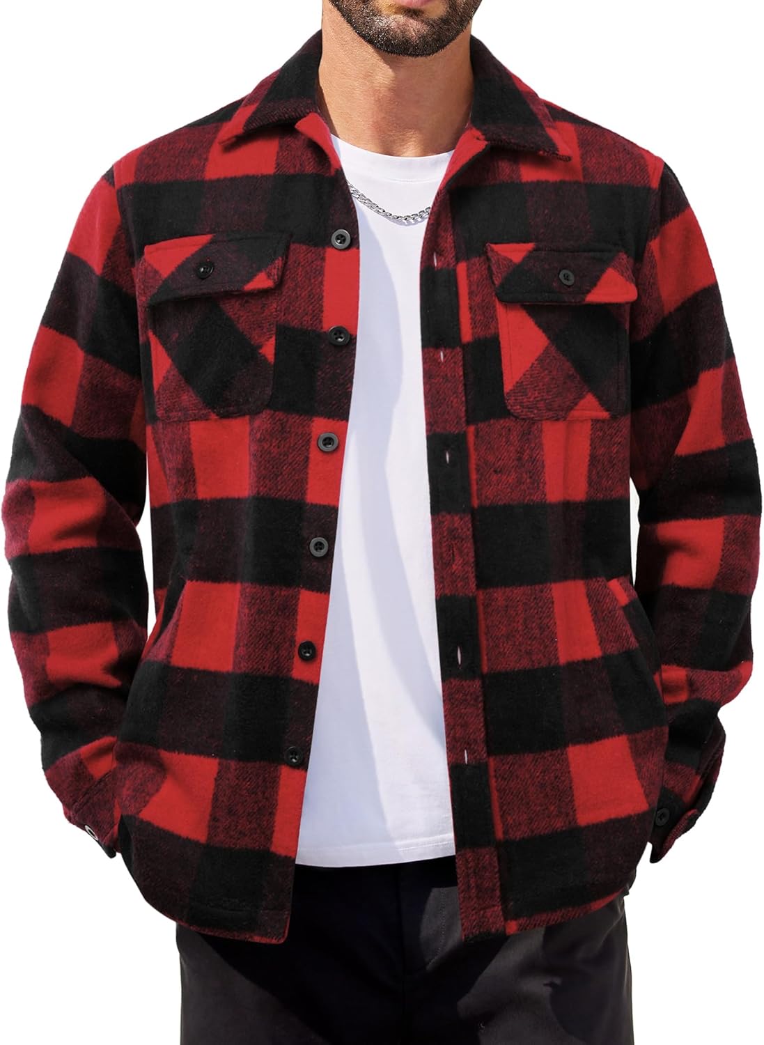 COOFANDY Men's Flannel Jacket Fleece Shacket Plaid Shirt Jackets Warm Thick Long Sleeve Button Down Fall Outwear