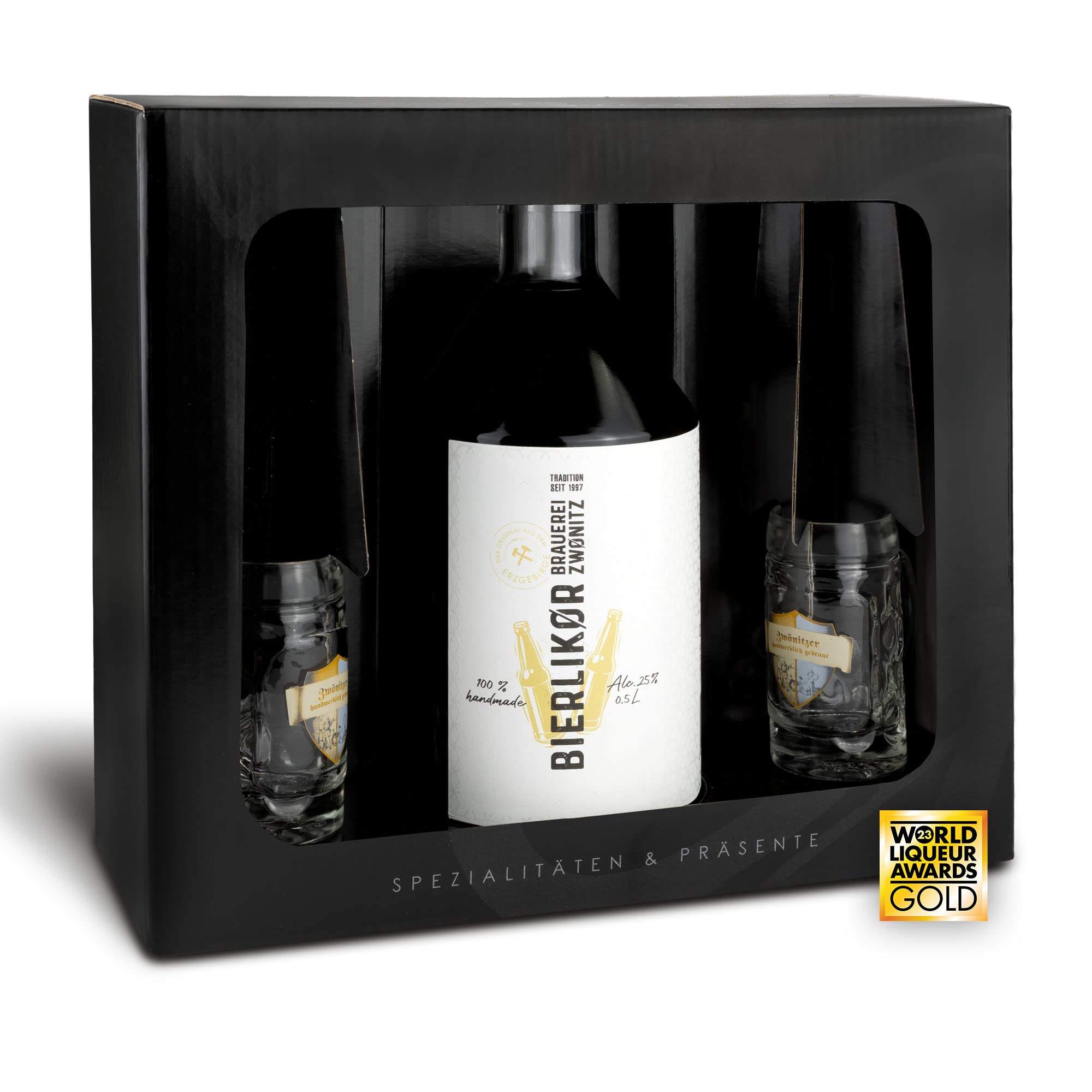 Brauerei Zwönitz Likör Geschenkset/Geschenkset aus Bierlikör 0,5l und zwei Shotgläser 4cl in Form eines Mini Bierkrug/Originelles Biergeschenk