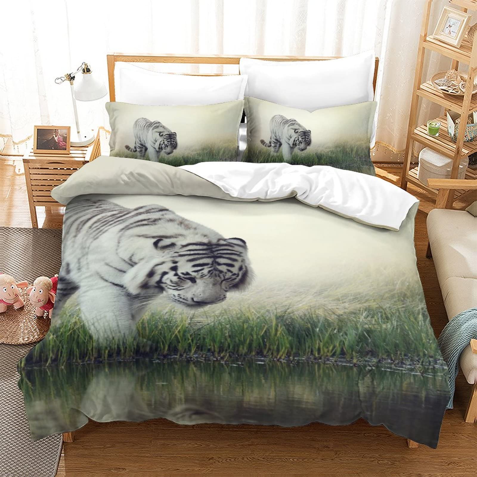 Housse de couette tigre blanc 3D 135x200 cm avec 2 taies d'oreiller pour lit simple