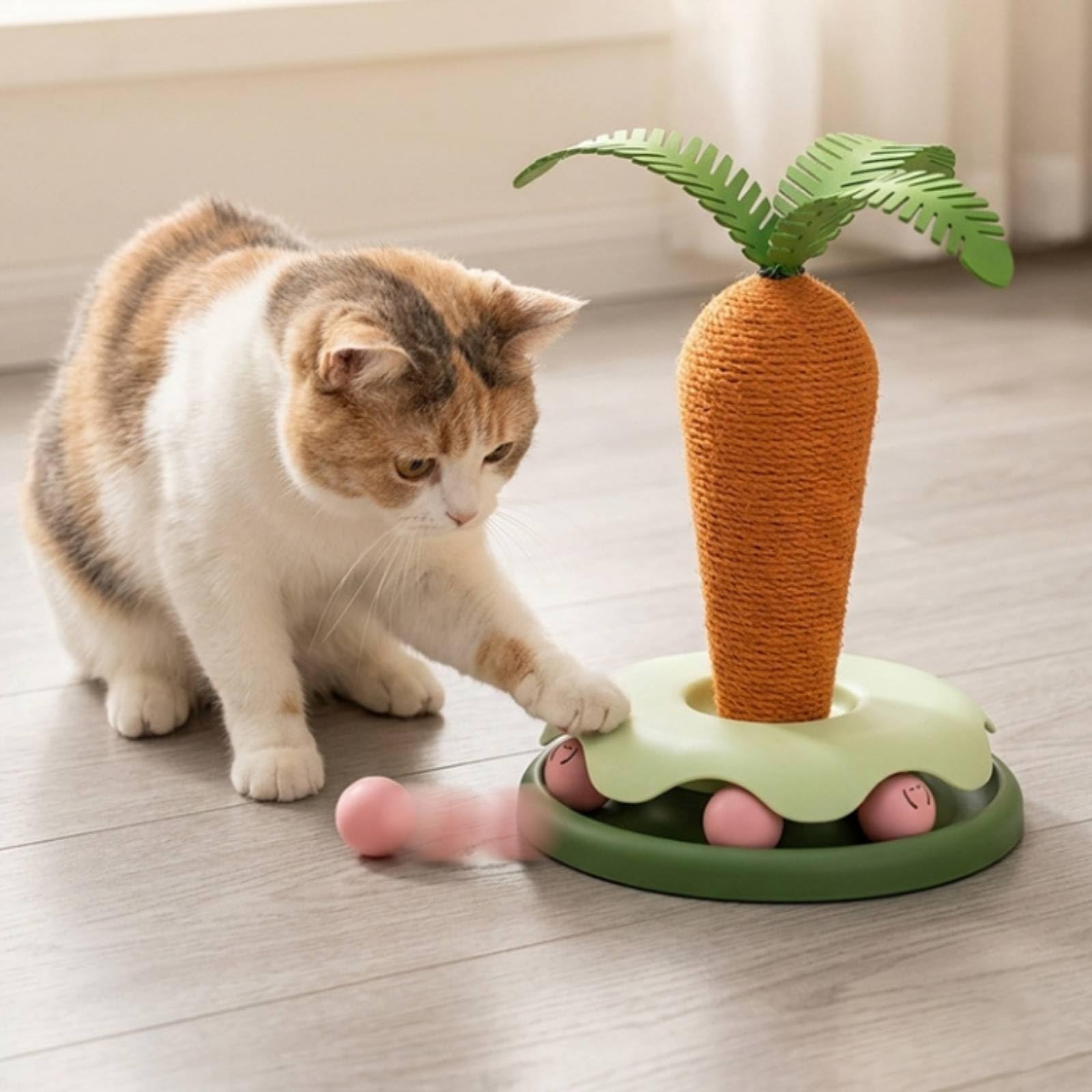 Griffoir avec Jeu Balles en Corde Sisal Griffoir Vertical Carotte Interactif Poteau à Griffer avec Circuit pour Chats D'intérieur, Chatons, Carotte, Grand