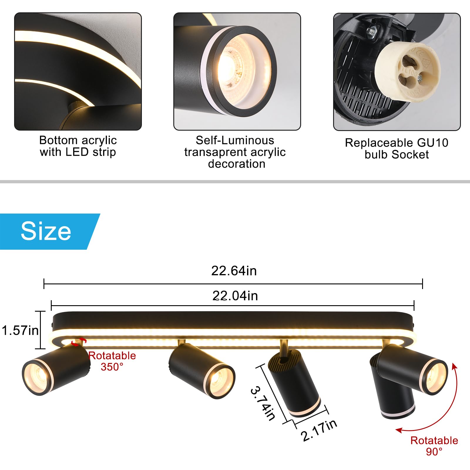 SANSHI Faretti da Soffitto Orientabili Interno LED 4 Luce,Faretti da Parete con Inferiore 36W+4x5W,GU10 Lampadario Faretti,Moderna Plafoniera Faretti Bianco Caldo 3000K per Cameretta Cucina Barra,Nero