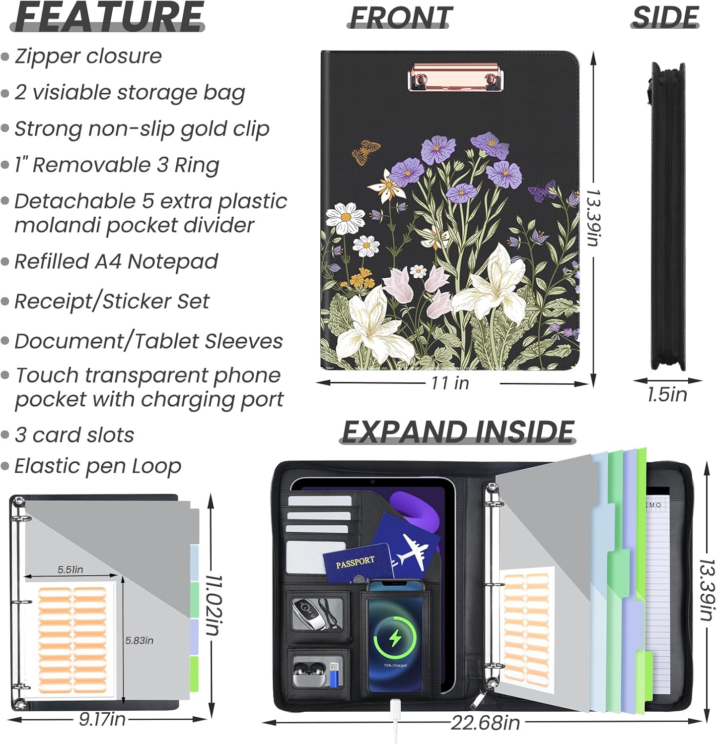 Clipboard with Storage for Men Women, Leather Padfolio Portfolio with Zipper, 1 Inch 3 Ring Binder 5 Dividers, Notepad for Letter Size, Elastic Closure and Pen Loop, Card Slot Black Flower - Image 2