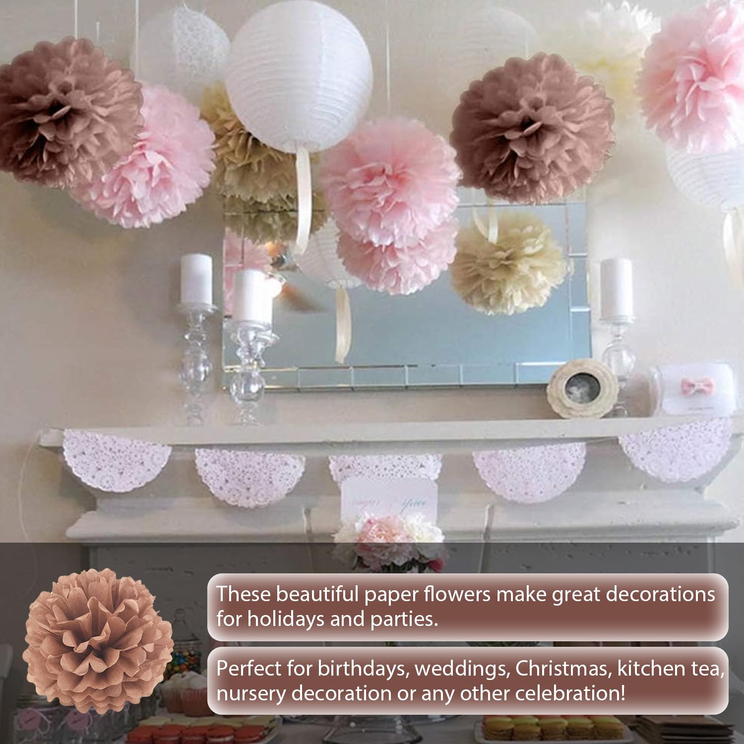 Qimoo 20 pompones de papel de café, decoración de bricolaje, pompones de papel de seda decorativos para fiestas, bodas, decoración al aire libre