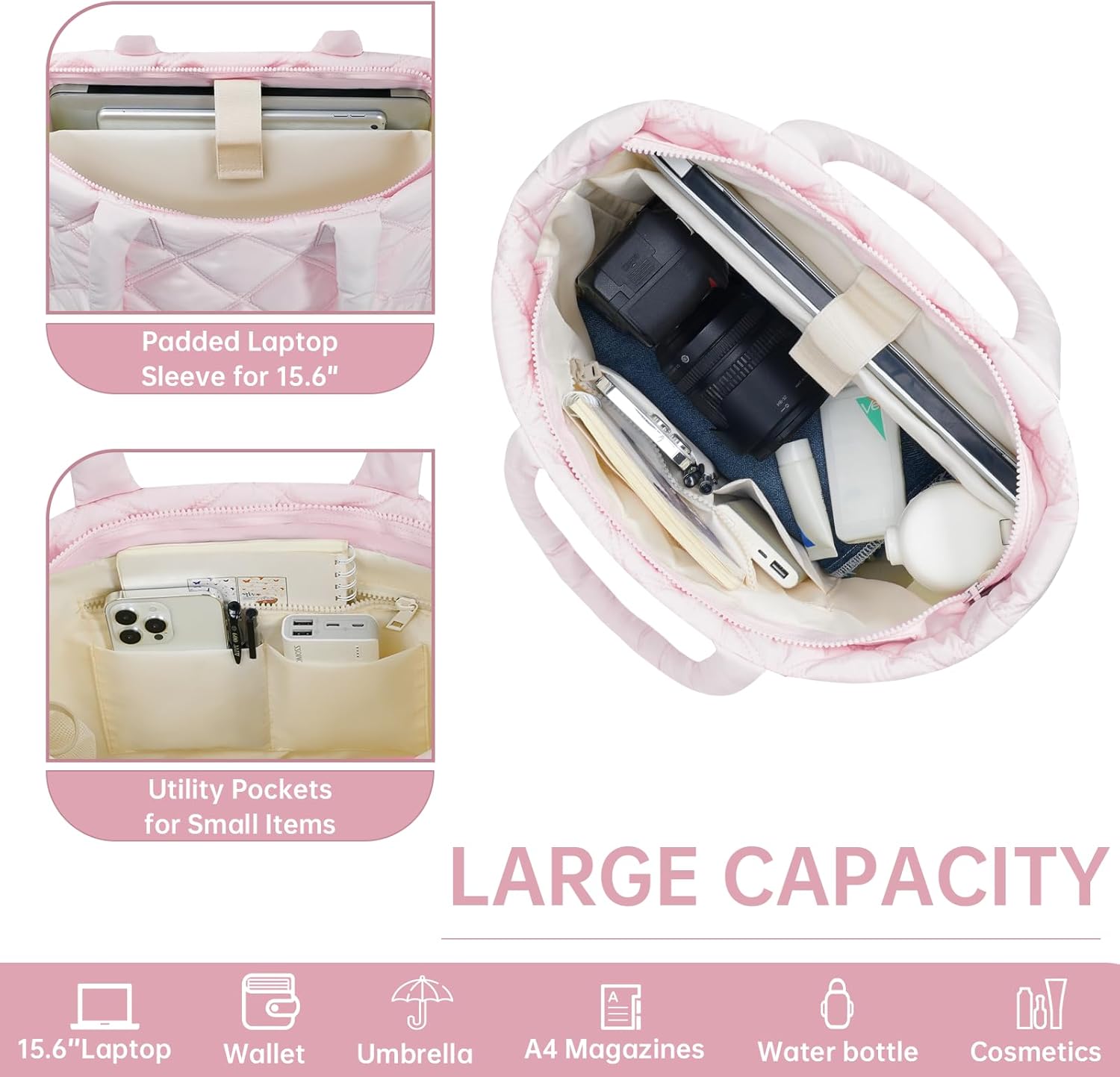 Puffer Tote Bag for Women, Quilted Bag with Zipper, Small Tote HandBags for Work, Travel - Image 3