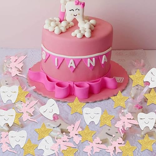 Miniatura 6 de 200 piezas de confeti de hadas de dientes con purpurina para fiestas de cumpleaños, baby shower, decoración de confeti de papel de elfo rosa y