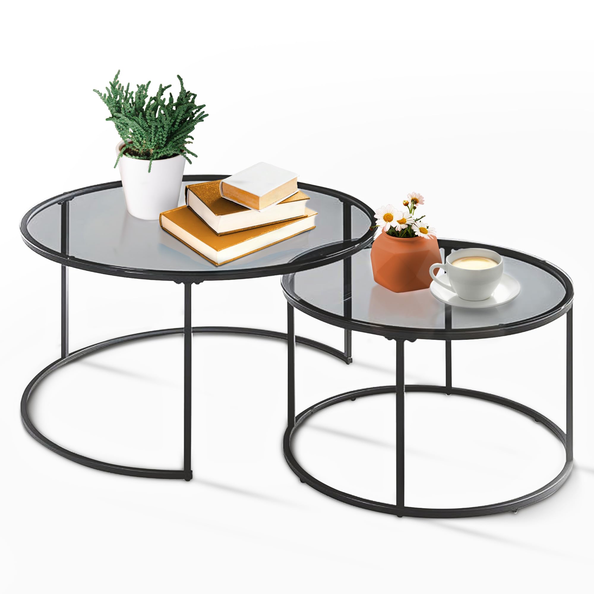 [en.casa] Couchtisch Kokkola 2er Set Wohnzimmertisch rund Beistelltisch Schwarz Tischplatte aus Glas Kaffeetisch Metallgestell Satztisch Sofatisch Rauchglas