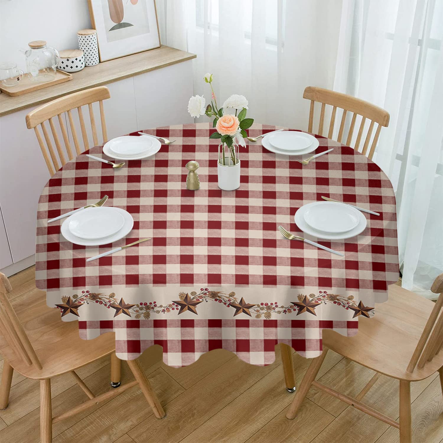 Round Tablecloth-54inch,Burgundy Red Buffalo Plaid Vintage Star Berry Vine Table Cloth Waterproof Oil-Proof Tablecloths Washable Tablecover for