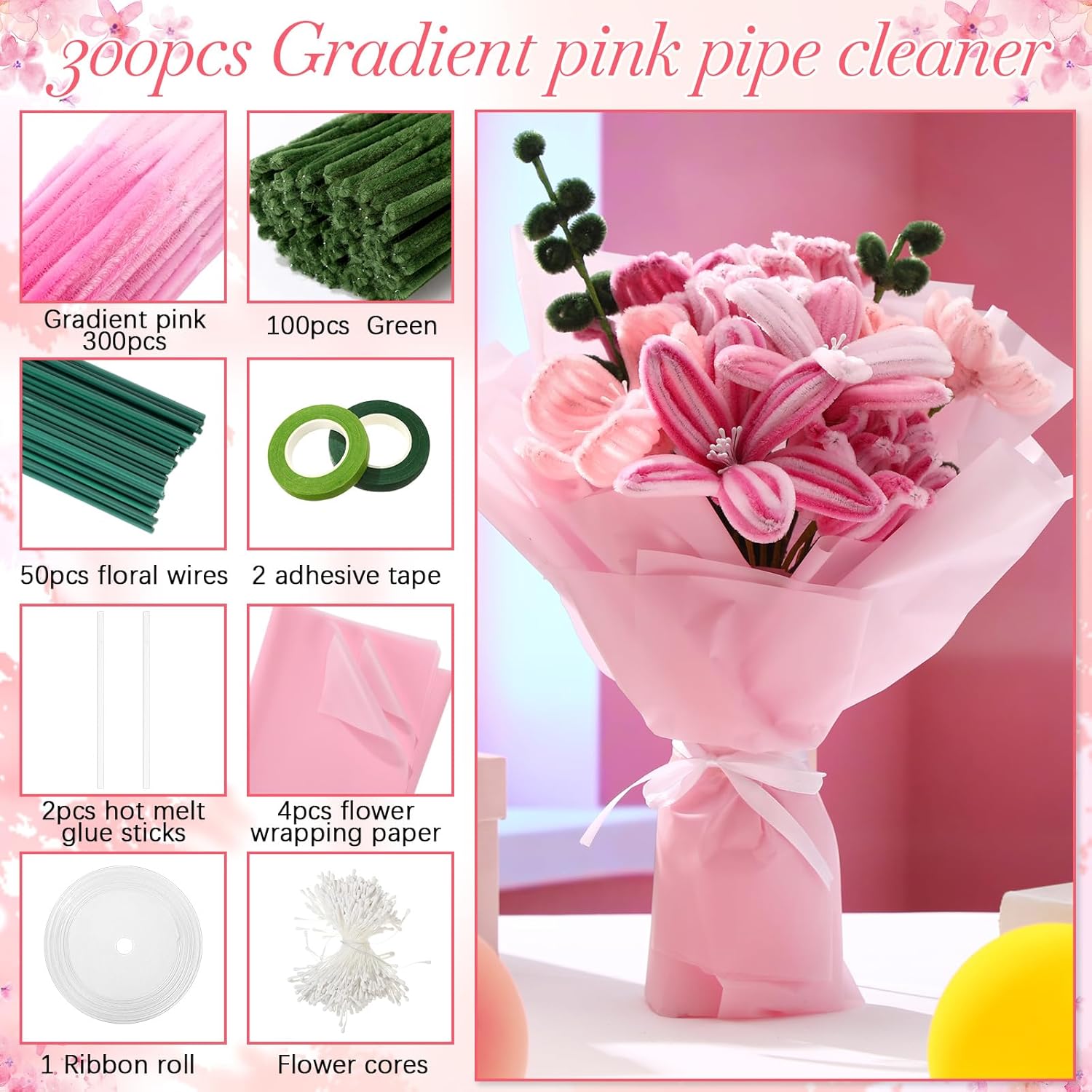 DaisyInner 860 Pcs Pipe Cleaner Craft Kit, 4 Assorted Gradient Color Pipe Cleaners Bulk Chenille Stems for DIY Flower Making Kit - with Floral Wires, Gardening Tape, Stamen & Ribbon(Pink)