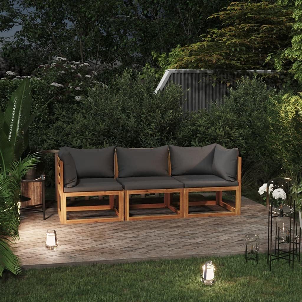 vidaXL Solid Acacia Wood 3-Seater Patio Sofa with Cushions, Dark Gray Fabric, Rustic Charm, Adjustable and Comfortable Outdoor Lounge Set