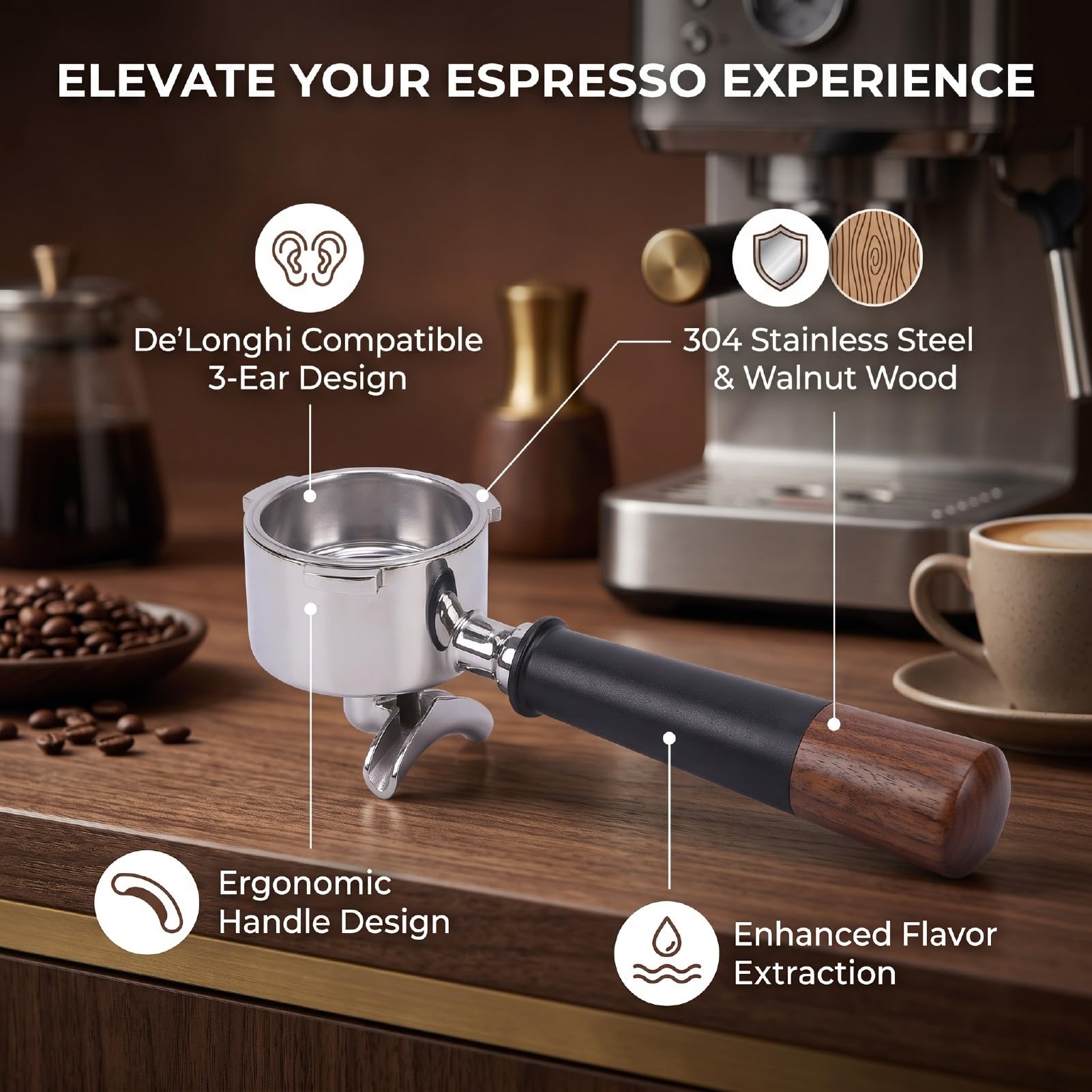 Portafiltro de café de 51 Mm, 3 Orejas, Acero Inoxidable con Mangos de Nogal, para Máquinas de Espressos (Caño doble con fondo)