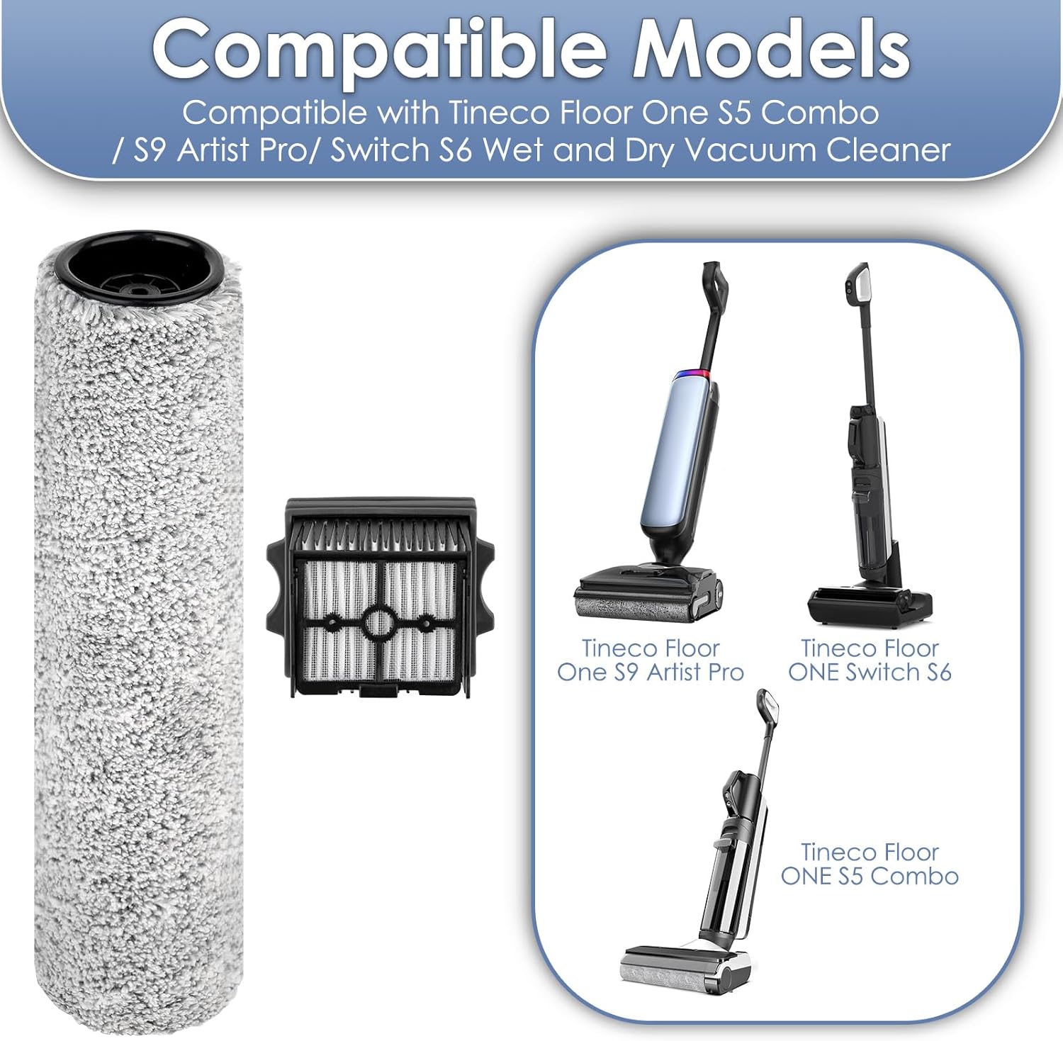 (5 Pices) Floor One S9 Artist Pro Brush Rollers and HEPA Filters Compatible with Tineco Floor One S9 Artist Pro Wet Dry Vacuum Cleaner (Excluding Handle), 2 Brush Rollers, 3 HEPA Filters