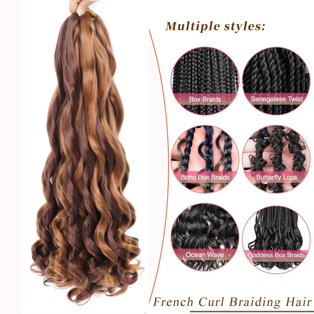 French Curl Braiding Hair 24 Inch 8 Packs Curly Braiding Hair Pre Stretched French Curls Braiding Extension Curl Crochet Braids Spiral Extensions (33P30# - Image 2