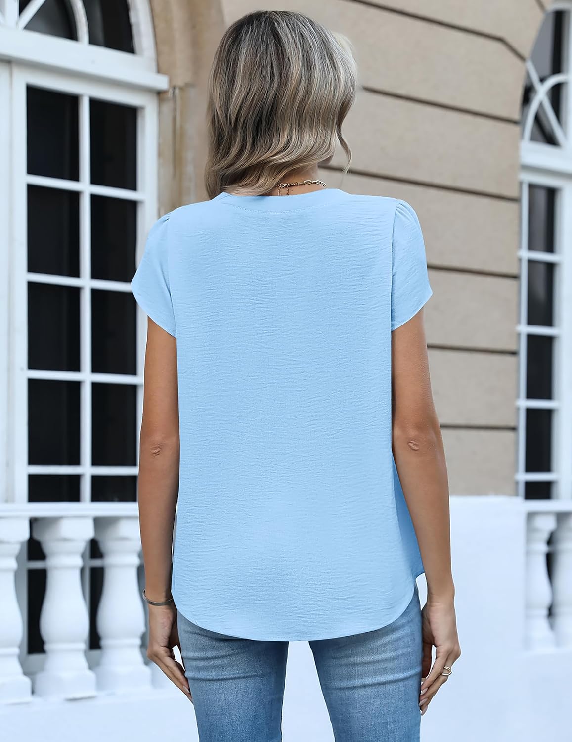 Zeagoo Womens Tops Dressy Casual Textured Blouses Cap Short Sleeve Shirts V Neck Button Up Summer Spring Work Tshirt Clothes